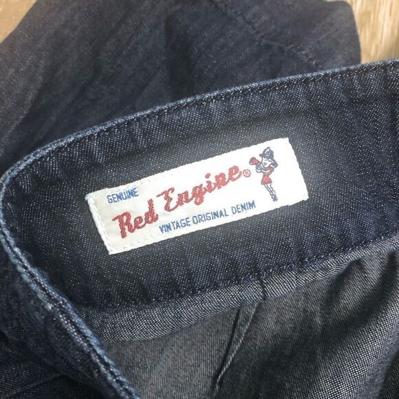 Vintage Red Engine Jean dark denim pencil mini skirt with slit Cerise-28 - Picture 9 of 11